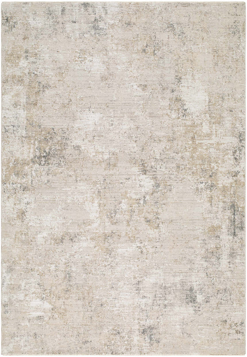 Close-up of the Brinly Area Rug. Contemporary style with beige, tan, and gray abstract pattern. Machine woven polyester rug. Design-Rectangle-6796