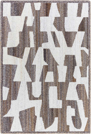 Close-up of the Brendy Taupe Area Rug, showcasing its geometric pattern in taupe, charcoal, ivory, and dark brown hues. Design-Rectangle-576