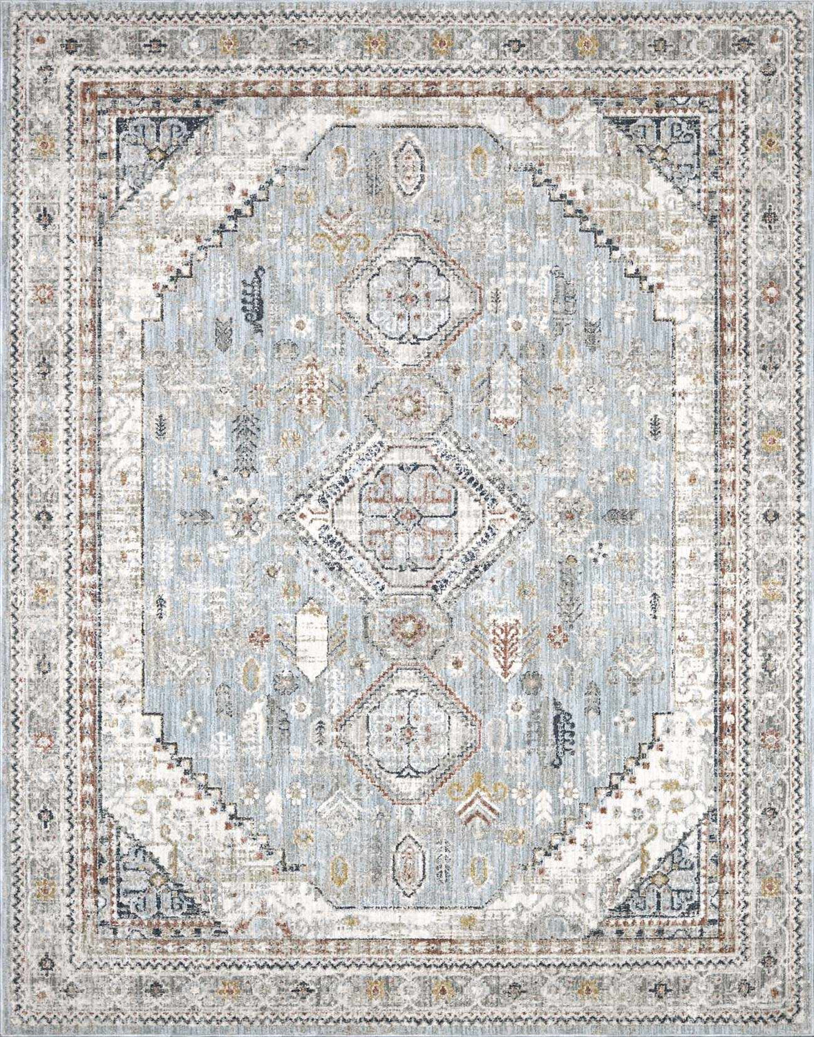 Detailed Kouta Gray Blue Area Rug featuring a traditional, farmhouse-style geometric pattern in beachhouse, beige, and blue tones. Design-Rectangle-23