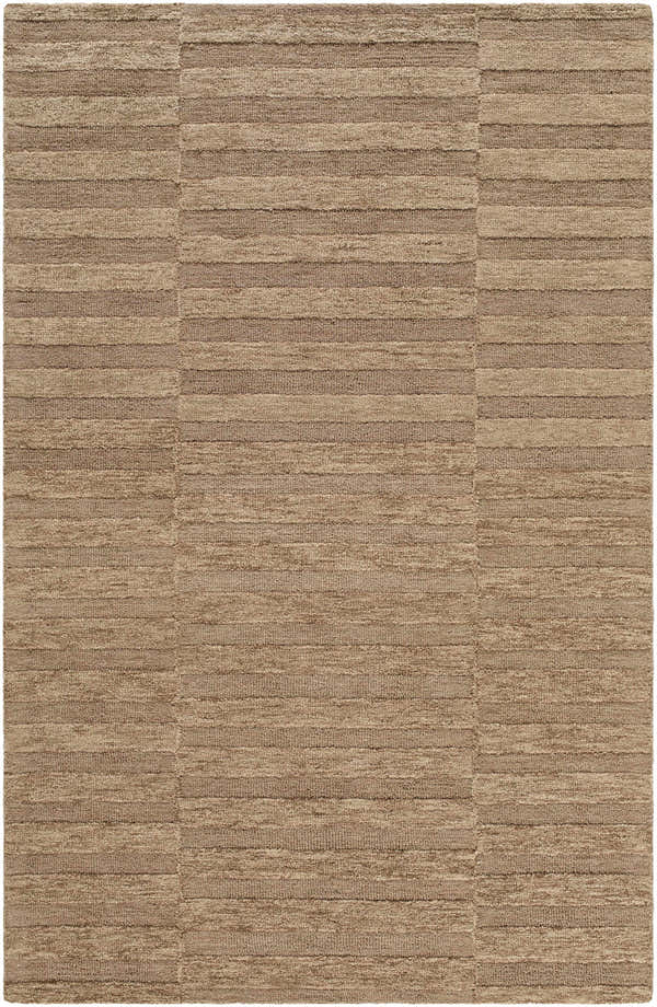 Close-up of Idaho Broken-Striped Brown Area Rug. Beige, sandstone, and taupe wool rug with a contemporary broken stripe pattern. Design-Rectangle-576
