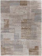 Close-up of the Anaisa Beige Luxe Thick Area Rug, featuring a geometric pattern in tan, ivory, and dark red hues. Design-Rectangle-537