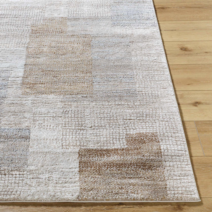 Close-up of the Anaisa Beige Luxe Thick Area Rug. Geometric pattern in ivory, tan, and brown tones. Soft, plush texture. Front