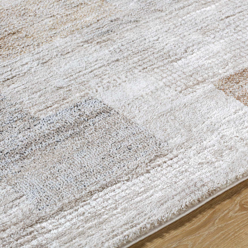 Close-up of the Anaisa Beige Luxe Thick Area Rug showing geometric patterns and plush texture. Texture