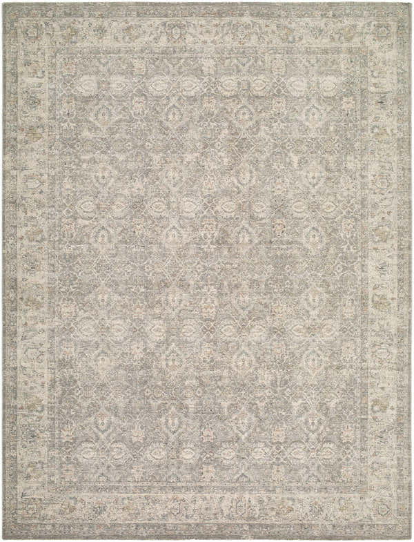 Detailed view of Buddug Cream Area Rug. Farmhouse style rug with traditional floral pattern in cream, sage, and slate blue. Design-Rectangle-710102
