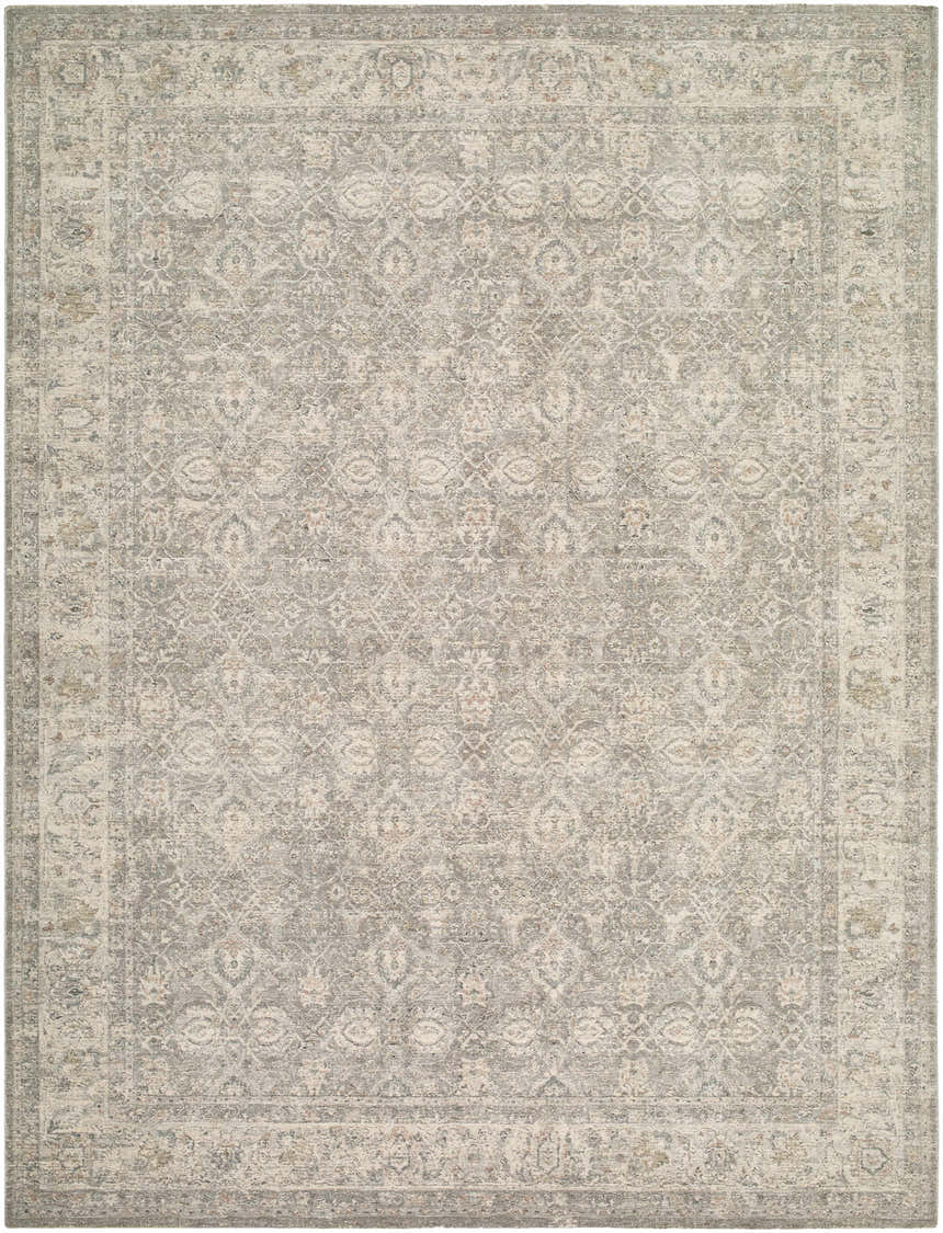 Detailed view of Buddug Cream Area Rug. Farmhouse style rug with traditional floral pattern in cream, sage, and slate blue. Design-Rectangle-710102