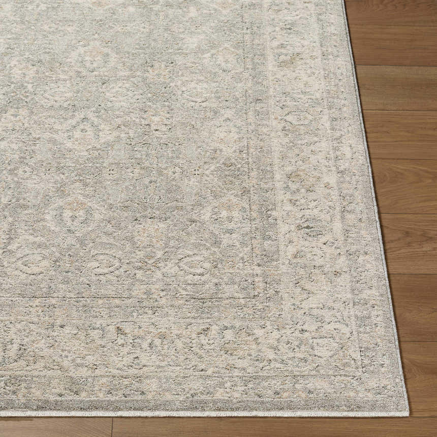 Close-up of the Buddug Cream Area Rug showing its farmhouse style pattern and texture on a wood floor. Front