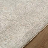 Close up of the cream Buddug Area Rug showing its traditional pattern and soft texture on a wood floor. Texture