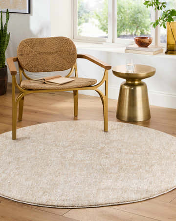 Sunlit room scene with a round Bistra Area Rug, woven chair, and gold side table. Roomscene-Round