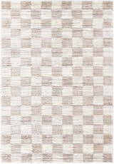 Close-up of the Belita Cream Luxe Shag Area Rug, featuring a cream and tan checkerboard pattern and plush, shag texture. Design-Rectangle-537