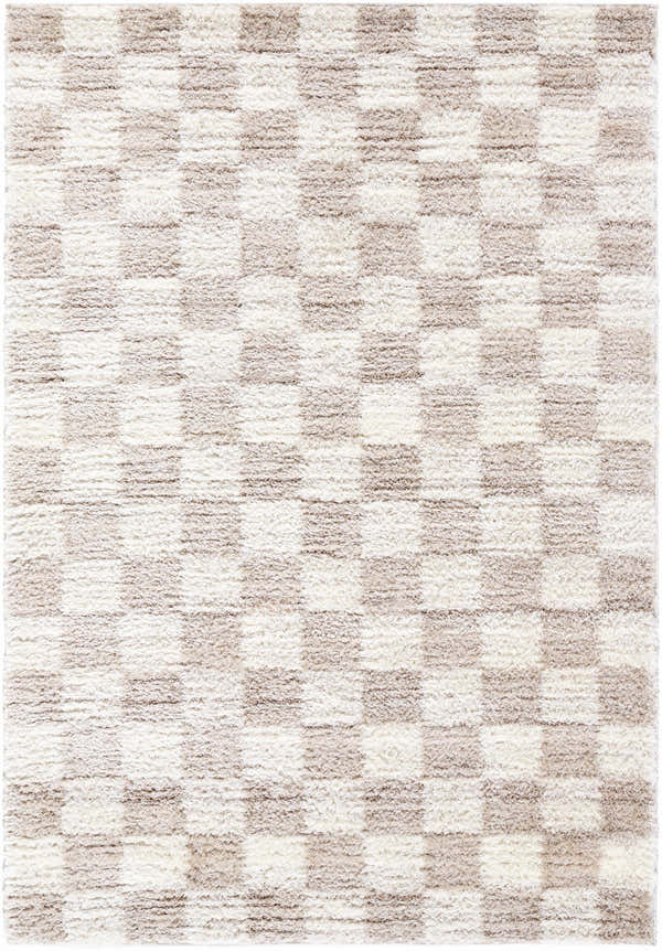 Close-up of the Belita Cream Luxe Shag Area Rug, featuring a cream and tan checkerboard pattern and plush, shag texture. Design-Rectangle-537