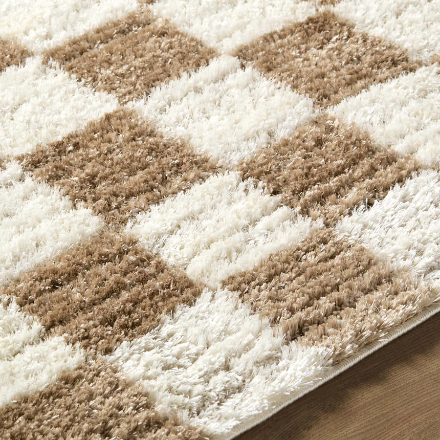 Close-up of the Belita Cream Luxe Shag Area Rug, featuring a cream and tan checkerboard pattern and plush shag texture. Texture