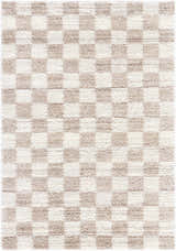 Close-up of the Belita Beige Luxe Shag Area Rug, showcasing a cream and tan checkerboard pattern and plush, shag texture. Design-Rectangle-537