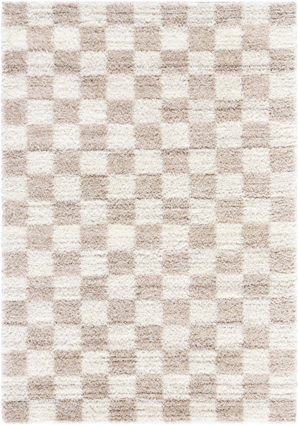 Close-up of the Belita Beige Luxe Shag Area Rug, showcasing a cream and tan checkerboard pattern and plush, shag texture. Design-Rectangle-537
