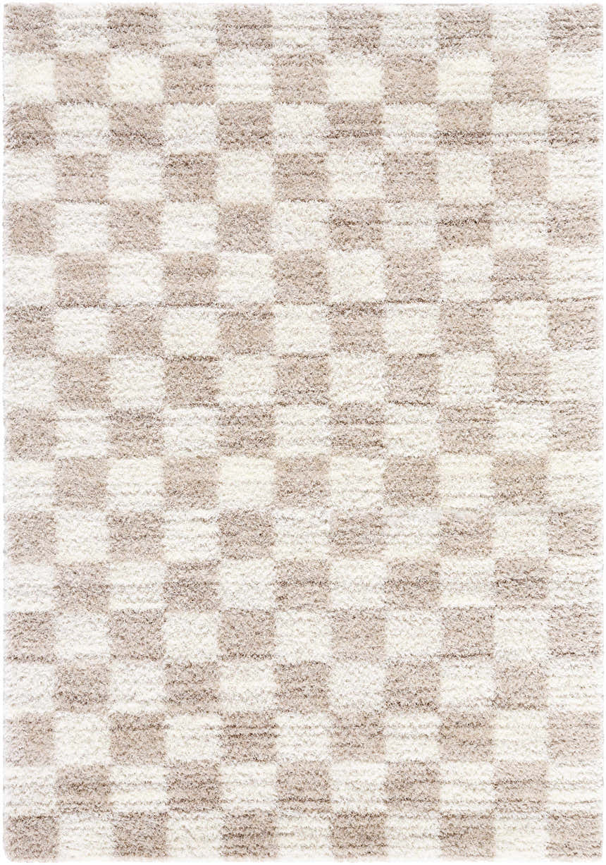 Close-up of the Belita Beige Luxe Shag Area Rug, showcasing a cream and tan checkerboard pattern and plush, shag texture. Design-Rectangle-537