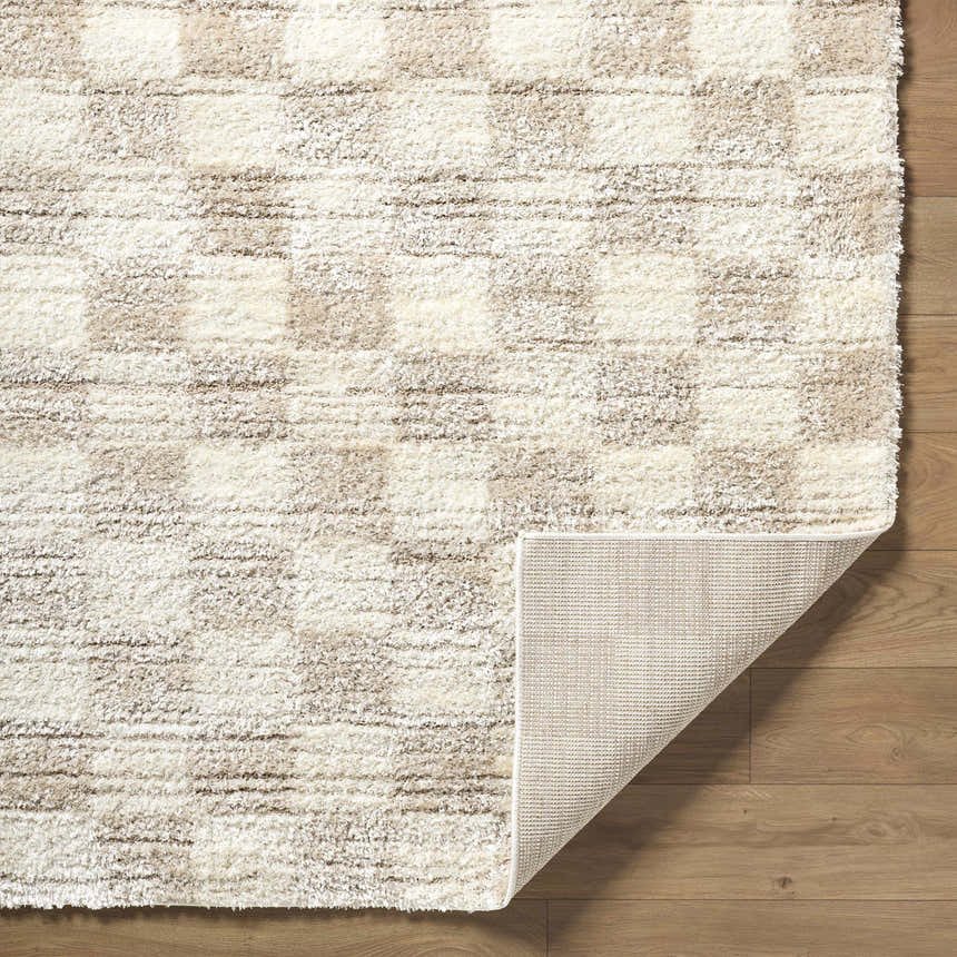 Close-up of the Belita Beige Luxe Shag Area Rug showing its cream, ivory, and tan colors and plush shag texture. Fold