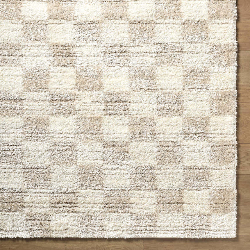 Close-up of the Belita Beige Luxe Shag Area Rug showing cream, ivory, and tan tones in a soft, plush checkered design. Corner