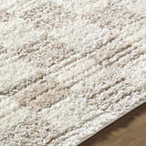 Close-up of the Belita Beige Luxe Shag Area Rug showing its cream, ivory, and tan striped design and soft, fluffy texture. Texture