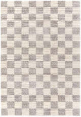 Close-up of Belita Tan Luxe Shag Area Rug with a checkerboard pattern in cream, light gray, and tan colors. Shag texture. Design-Rectangle-537