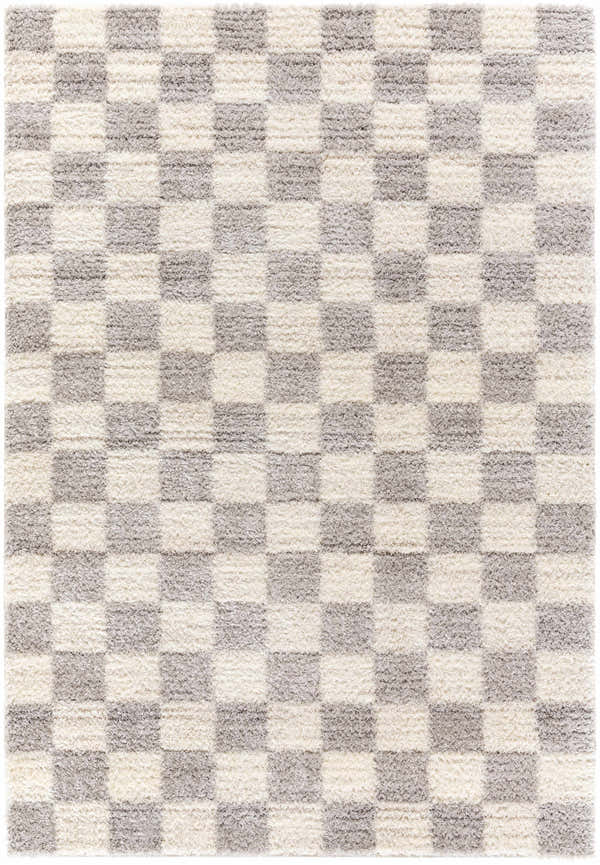 Close-up of Belita Tan Luxe Shag Area Rug with a checkerboard pattern in cream, light gray, and tan colors. Shag texture. Design-Rectangle-537