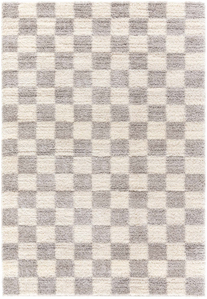 Close-up of Belita Tan Luxe Shag Area Rug with a checkerboard pattern in cream, light gray, and tan colors. Shag texture. Design-Rectangle-537
