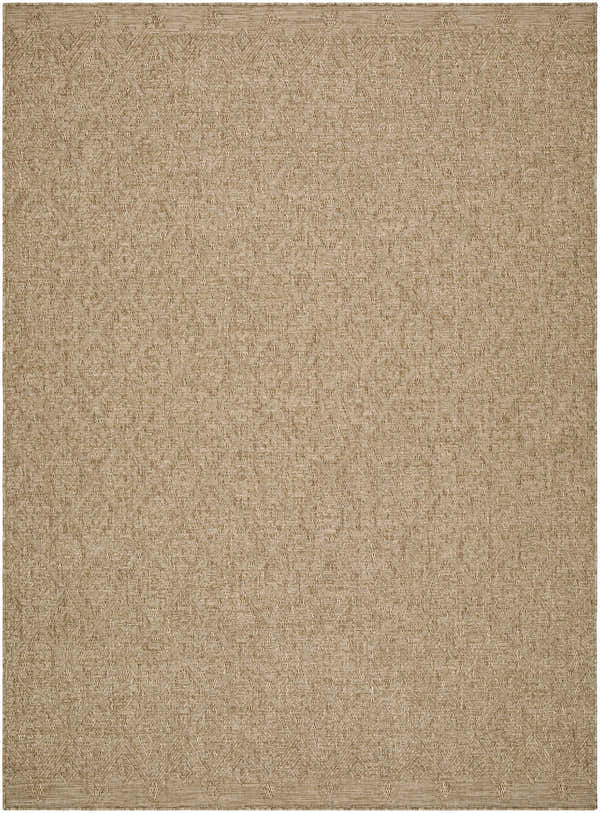 Close-up of the Bandit Brown Area Rug. Camel, prairie dust, and tan hues with a subtle diamond pattern. Machine woven texture. Design-Rectangle-537
