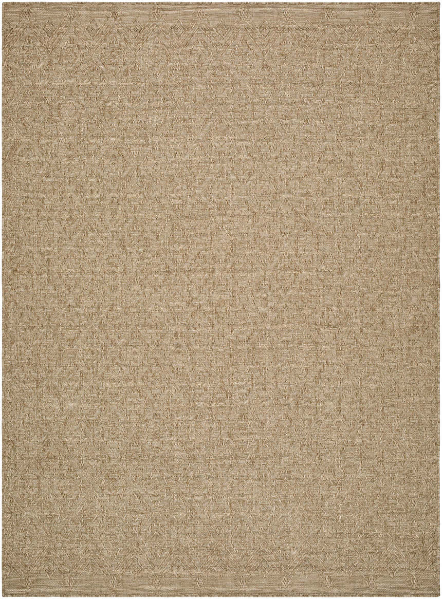 Close-up of the Bandit Brown Area Rug. Camel, prairie dust, and tan hues with a subtle diamond pattern. Machine woven texture. Design-Rectangle-537