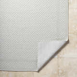 Close-up of the light silver Brinda Area Rug showing its woven texture and pattern on a beige tile floor. Fold