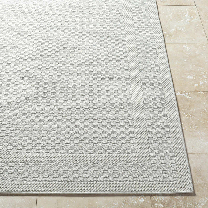 Close-up of the light silver Brinda Area Rug showing its contemporary woven texture and rectangular shape. Front