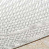 Close-up of the Brinda Area Rug, light silver and sterling gray, with a woven geometric pattern and subtle texture. Texture