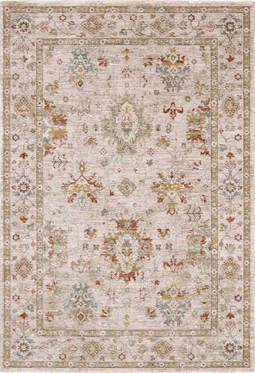 Detailed beige Beausejour Oushak rug with brick red, olive, and denim floral Persian-style pattern. Design-Rectangle
