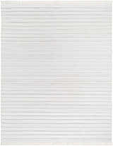 Close-up of the light gray Benek Area Rug. Hand-woven, geometric design with subtle horizontal stripes and fringe detail. Design-Rectangle-810