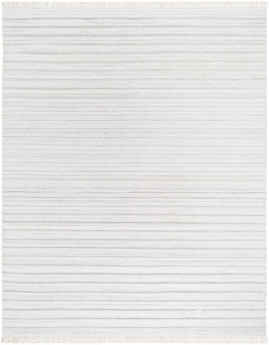 Close-up of the light gray Benek Area Rug. Hand-woven, geometric design with subtle horizontal stripes and fringe detail. Design-Rectangle-810