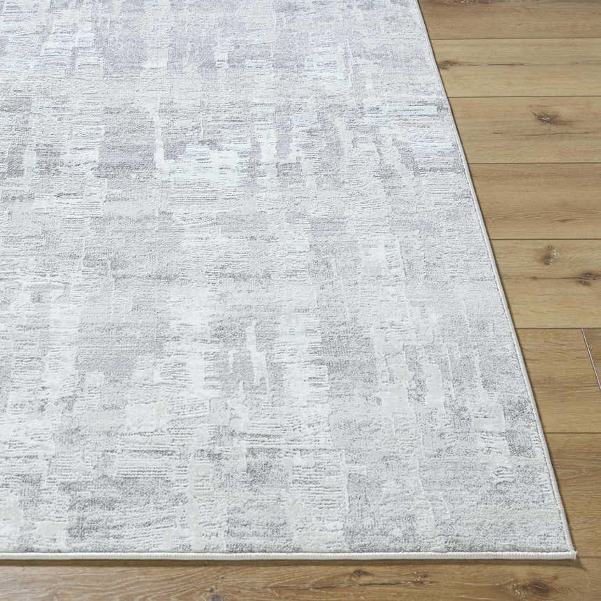 Close up of the Branka Area Rug showing its light silver and gray contemporary pattern on wood floors. Front