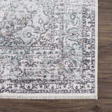 Close-up of the Light Blue Holi-4603 Washable Area Rug. Traditional vintage style with charcoal, light blue, and brown tones. Swatch