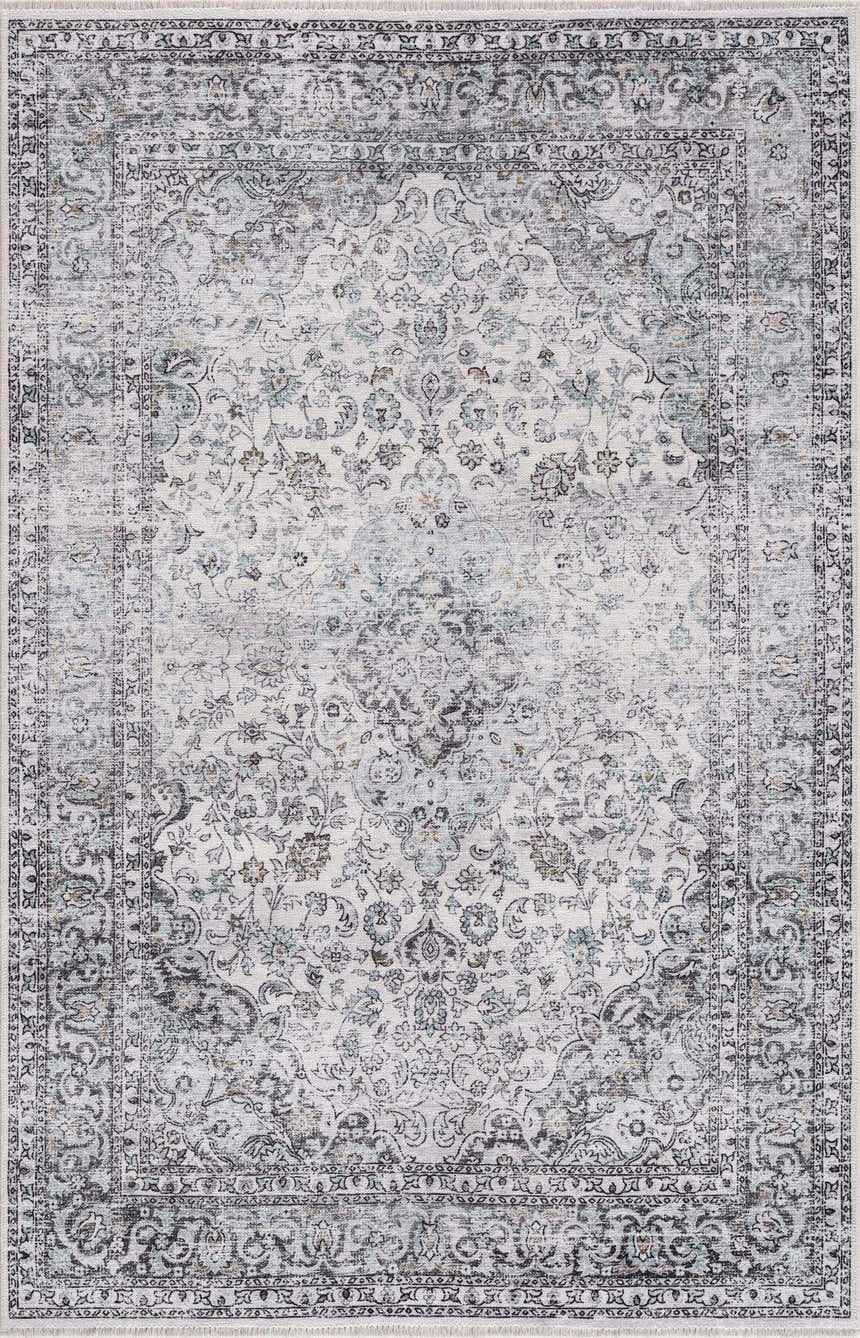 Close-up of the Light Blue Holi-4603 Washable Area Rug. Traditional vintage style with charcoal, blue, and brown floral patterns. Design-Rectangle-5373
