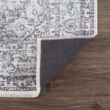 Close-up of the Light Blue Holi-4603 Washable Area Rug showing its traditional vintage pattern and charcoal backing. Fold