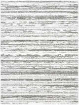 Close-up of the Blaise Area Rug, a shag rug with horizontal stripes in cream and gray. Design-Rectangle-537