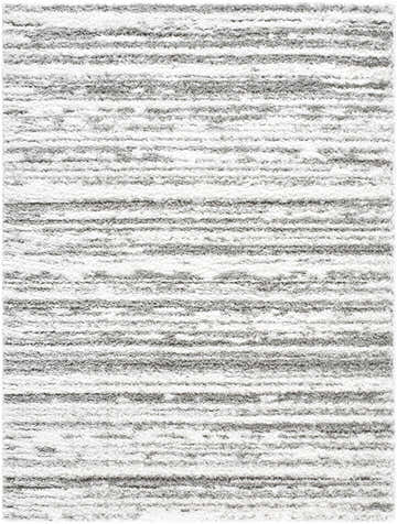 Close-up of the Blaise Area Rug, a shag rug with horizontal stripes in cream and gray. Design-Rectangle-537