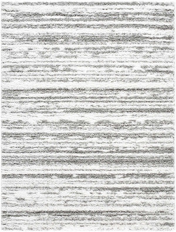 Close-up of the Blaise Area Rug, a shag rug with horizontal stripes in cream and gray. Design-Rectangle-537