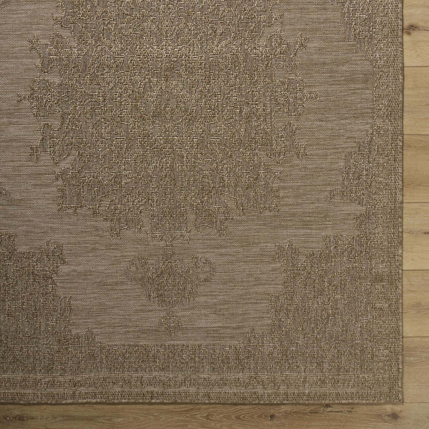 Close up of the beige Bahula Area Rug showing the traditional woven pattern and texture. Corner