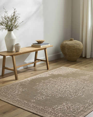 Farmhouse entryway with a beige Bahula Area Rug, wood bench, vases, and woven basket. Roomscene-Rectangle