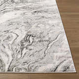 Close-up of the Brandi Gray Marble Area Rug showing beige, cream, and gray marble-like pattern on wood floor. Front