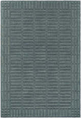 Close-up of the hand-tufted Birger Slate Blue Area Rug. Features a contemporary geometric pattern in slate blue and steel gray wool. Design-Rectangle-576