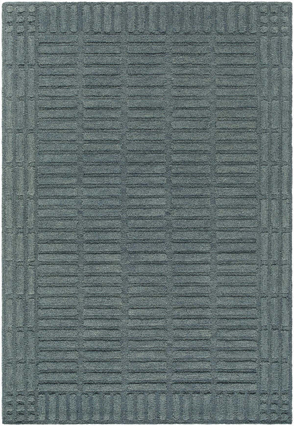 Close-up of the hand-tufted Birger Slate Blue Area Rug. Features a contemporary geometric pattern in slate blue and steel gray wool. Design-Rectangle-576