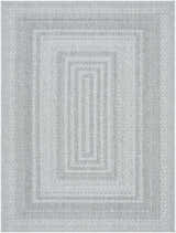 Close-up of the gray and white Bernal Area Rug, featuring a geometric pattern and woven texture. Design-Rectangle-537