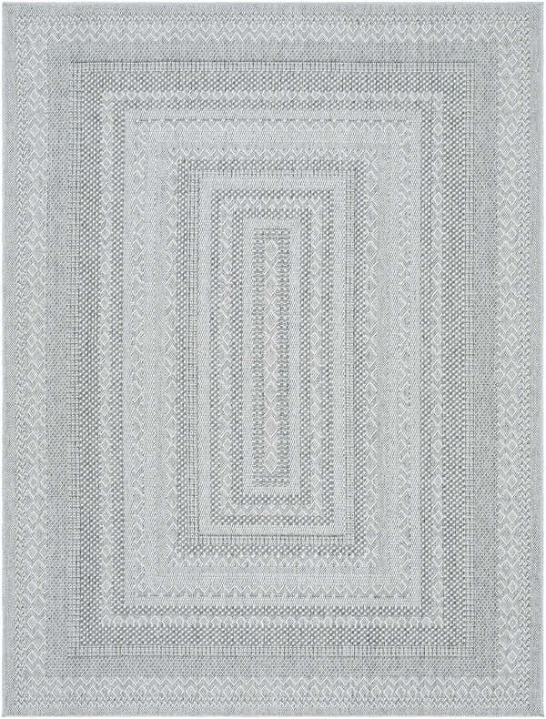 Close-up of the gray and white Bernal Area Rug, featuring a geometric pattern and woven texture. Design-Rectangle-537