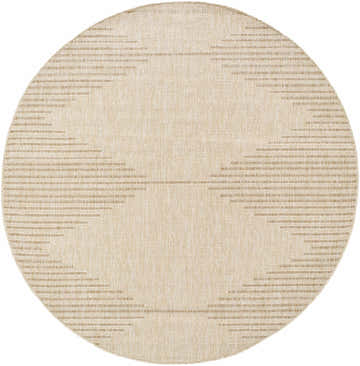 Close-up of a round Stephan Beige Outdoor Rug. Cream and light brown woven texture with subtle horizontal stripes. Design-Round-67