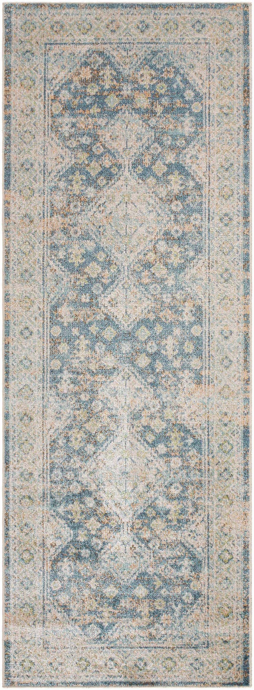 Close-up of the Bhavya Navy Washable Area Rug featuring a traditional, distressed diamond pattern in navy, brown, and beige. Design-Runner-2773