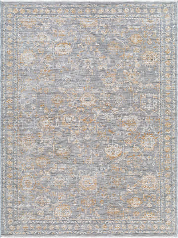 Detailed floral pattern of the Bayram Area Rug in gray, ivory, and brown. Farmhouse traditional style. Design-Rectangle-679