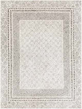 Close-up of Livabliss Bahar BHR-2321 area rug. Farmhouse style rug in charcoal and off-white with geometric and floral patterns. Design-Rectangle-5373